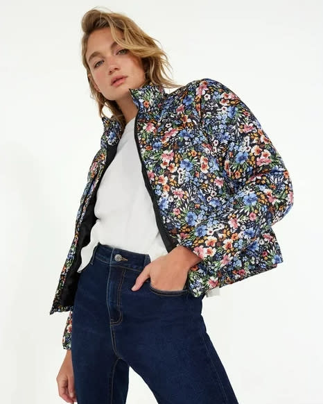 floral puffer jacket on model