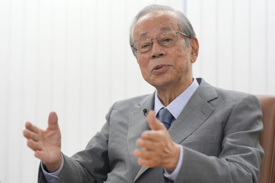 Yasuo Fukuda, former Prime Minister of Japan, speaks during an interview with the Associated Press at his office Wednesday, Sept. 21, 2022, in Tokyo. Fukuda, who is an active proponent of better ties with China, says friction between Japan and China largely stem U.S.-China trade issues. “The question is if global trade works better by excluding China," he said (AP Photo/Eugene Hoshiko)