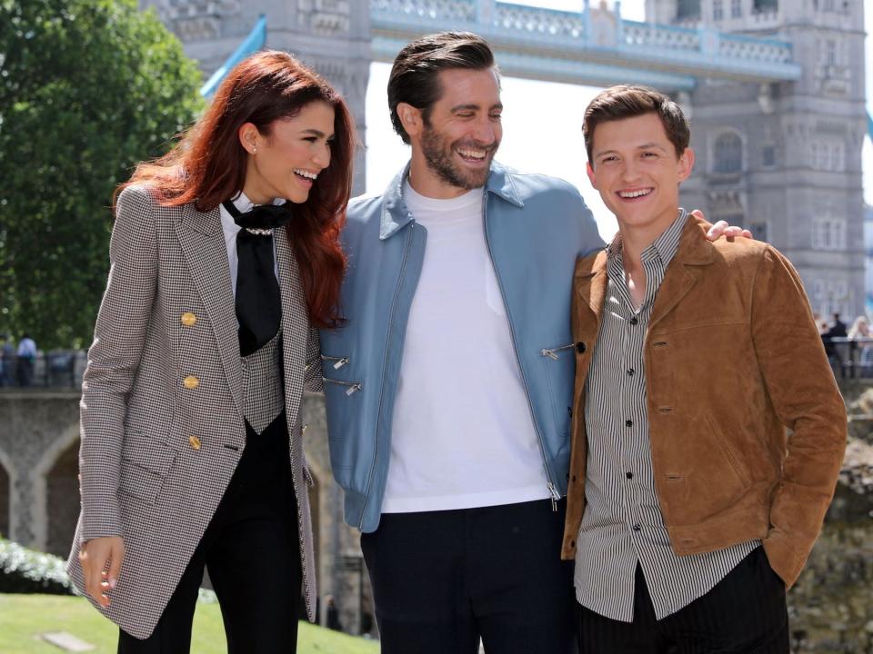 Zendaya, Jake Gyllenhaal, and Tom Holland posing together in London in June 2019.