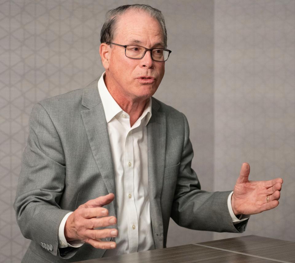 U.S. Sen. Mike Braun (R-IN) answers questions from readers about his bid for Indiana governor during an interview with the IndyStar on Friday, Jan. 5, 2024, at the PNC Center in Indianapolis.