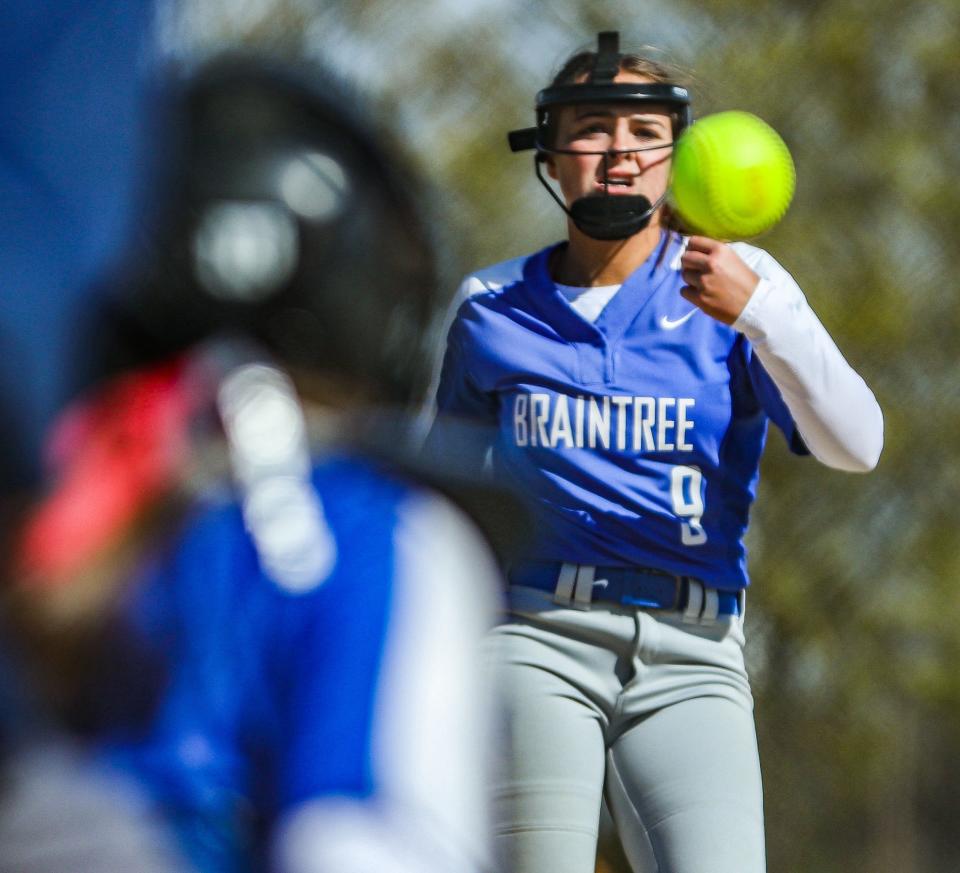 Braintree's Ally McNamee pitches during a game against Milton on Monday, May 9, 2022.