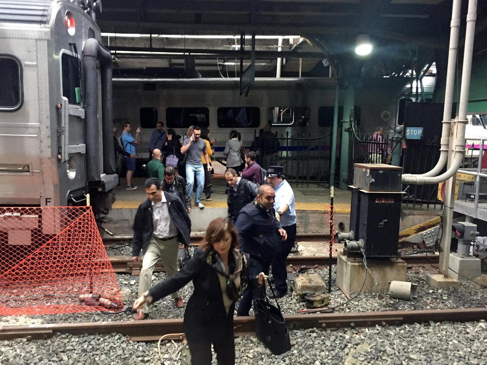 <p>Passengers rush to safety after a NJ Transit train crashed in to the platform at the Hoboken Terminal September 29, 2016 in Hoboken, New Jersey. (Pancho Bernasconi/Getty Images) </p>
