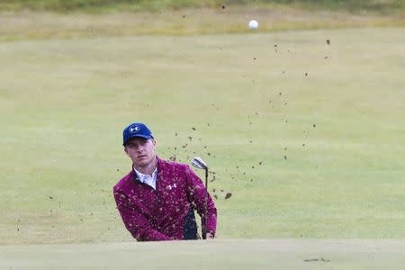 Jul 21, 2017; Southport, Merseyside, ENG; Jordan Spieth plays from a green side bunker on the 14 th during the second round of The 146th Open Championship golf tournament at Royal Birkdale Golf Club. Mandatory Credit: Ian Rutherford-USA TODAY Sports