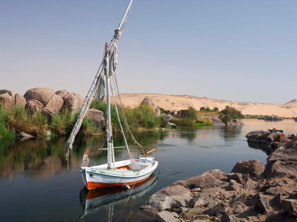 A felucca - a small, single-sailed boat - on the Nile in Aswan, Egypt