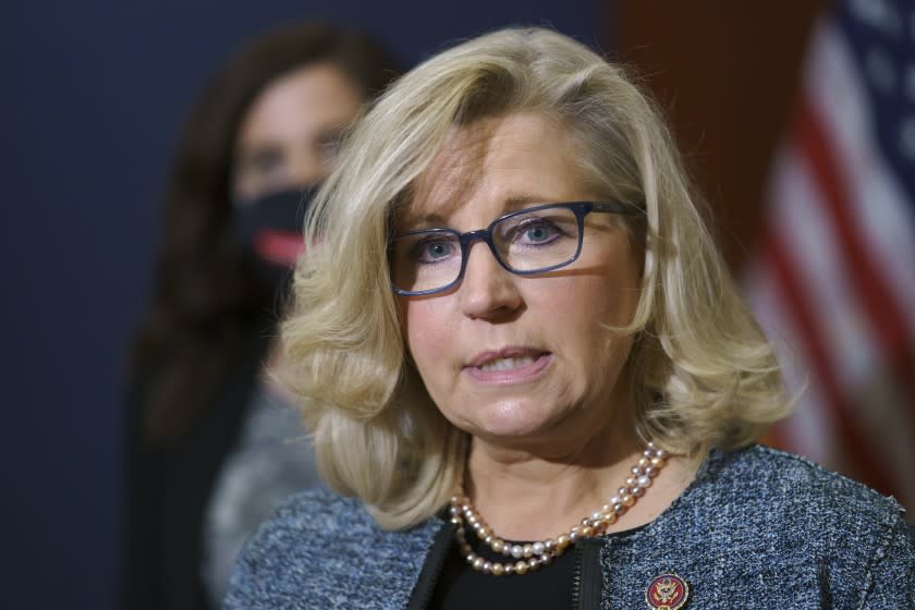 FILE - In this April 20, 2021, file photo Rep. Liz Cheney, R-Wyo., the House Republican Conference chair, speaks with reporters following a GOP strategy session on Capitol Hill in Washington. Donald Trump and his supporters are intensifying efforts to shame members of the party who are seen as disloyal to the former president and his false claims that last year's election was stolen from him.(AP Photo/J. Scott Applewhite,File)