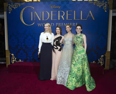 Cast members Cate Blanchett (L-R), Holliday Grainger, Lily James and Sophie McShera pose at the premiere of "Cinderella" at El Capitan theatre in Hollywood, California in this March 1, 2015 file photo. REUTERS/Mario Anzuoni/Files