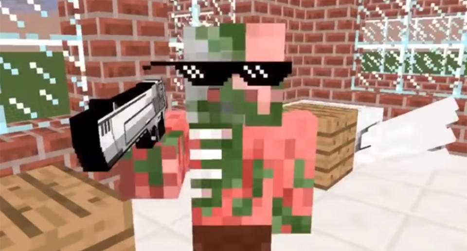 Clips like this doctored Minecraft video that depicts a school shooting have appeared on YouTube. Source: PediMom/YouTube