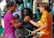 Tennis - Monte Carlo Masters - Monaco, 22/04/2017. Rafael Nadal of Spain shakes hands with David Goffin of Belgium at the end of their match. REUTERS/Eric Gaillard