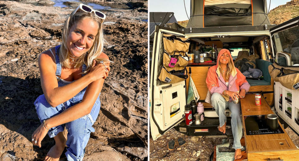 Left: Blaze crouching down smiling at beach rockpool. Right: Blaze sitting inside her van with doors open.