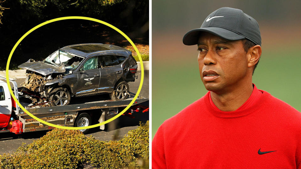 Tiger Woods (pictured right) during a tournament and his SUV after his crash (pictured left) last week in LA.