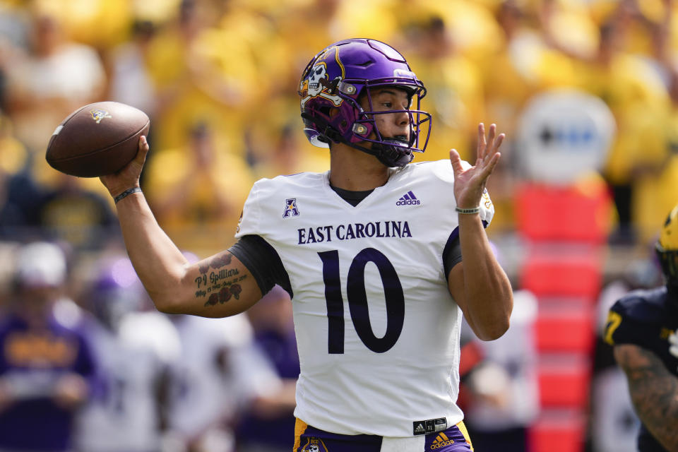 East Carolina quarterback Mason Garcia throws against Michigan in the first half of an NCAA college football game in Ann Arbor, Mich., Saturday, Sept. 2, 2023. (AP Photo/Paul Sancya)