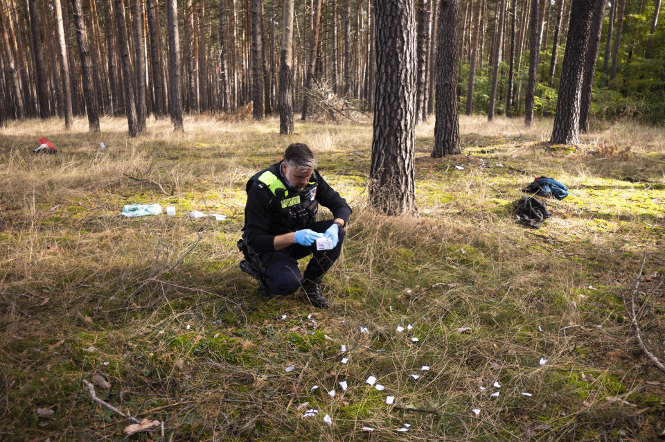 Federal Police officer Frank Malack collects pieces of ripped documents from migrants illegally crossed the border from Poland into Germany during a patrol in a forest near Forst southeast of Berlin, Germany, Wednesday, Oct. 11, 2023. (AP Photo/Markus Schreiber)