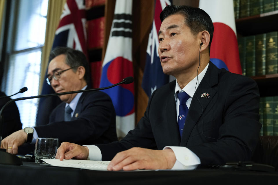 South Korean Foreign Minister Cho Tae-yul and South Korea's Defense Minister Shin Won-sik, right, attend a joint press conference following an Australia and South Korea Foreign and Defence Ministers meeting in Melbourne, Australia, Wednesday, May 1, 2024. (Asanka Brendon Ratnayake/Pool Photo via AP)