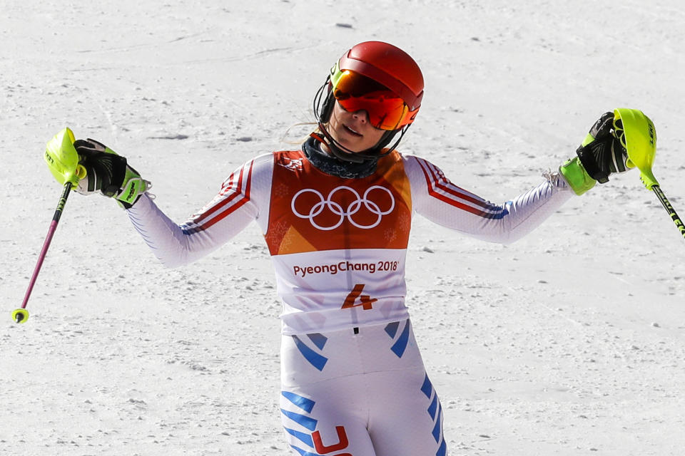 Mikaela Shiffrin reacts to her time at the women’s slalom Friday. (AP)