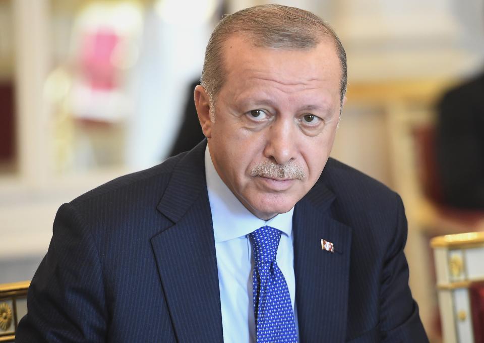 Turkish President Recep Tayyip Erdogan looks on during his meeting with Hungarian President Janos Ader in the presidential Alexander Palace in Budapest, Hungary, Monday, Oct. 8, 2018. Erdogan is paying a two-day official visit to Hungary. (Tamas Kovacs/MTI via AP)