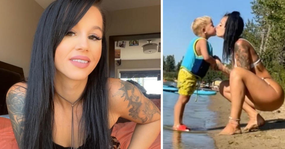 L: TikToker Krysta Feth takes a selfie. R: Krysta Feth kisses her young son on the lips 