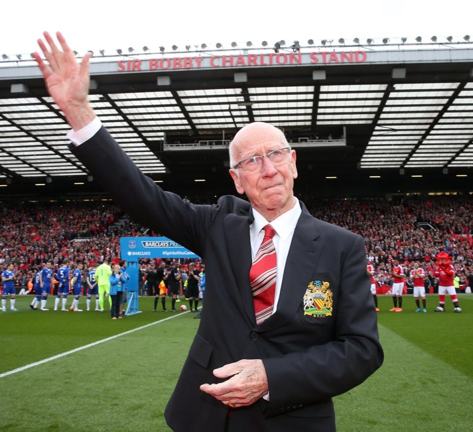 Sir Bobby Charlton in front of the stand the bears his name at Old Trafford (Getty Images)