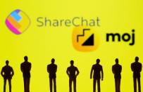 Small toy figures are seen in front of displayed ShareChat and Moj logo in this illustration taken