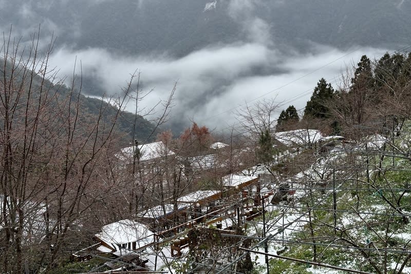 桃園復興區拉拉山部分道路開始進行管制，車輛未裝設雪鏈禁止進入。（中央社／民眾提供）