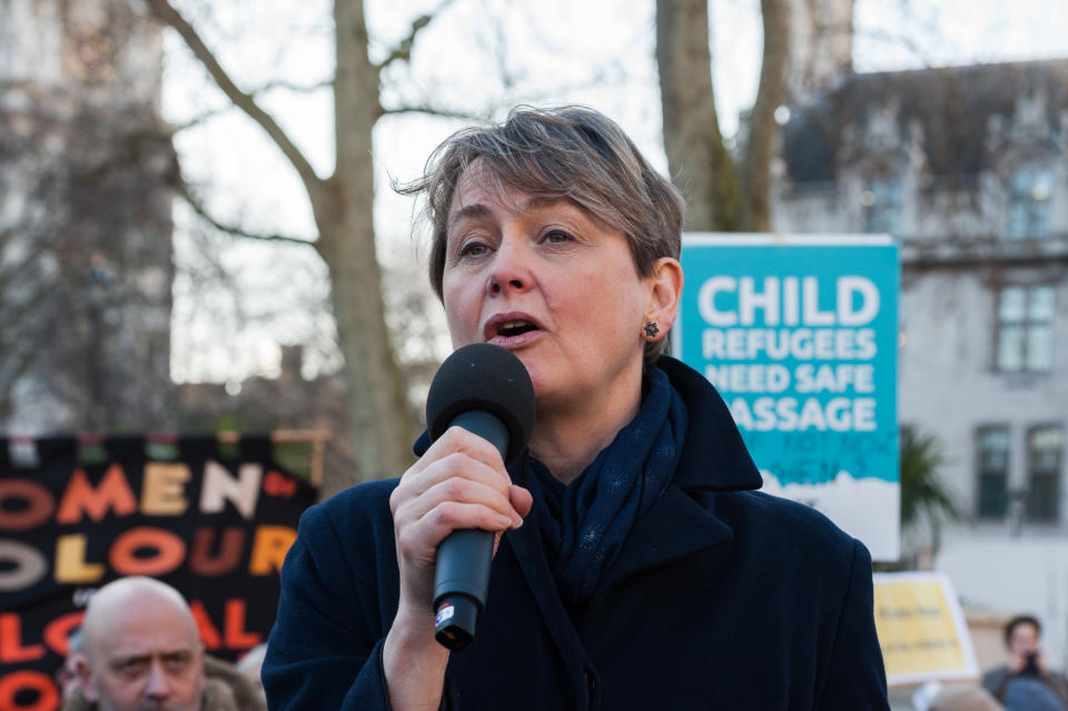 Labour MP Yvette Cooper takes part in a rally in Parliament Square, organised by Safe Passage charity, urging the peers in the House of Lords to back Lord Dubs Amendment to the EU Withdrawal Bill, which allows for unaccompanied refugee children to be reunited with their relatives in Britain on 20 January, 2020 in London, England. Last week MPs in the Commons rejected proposals, previously accepted by Theresa Mays government, to keep protections for child refugees in the redrafted EU Withdrawal Agreement Bill. (Photo by WIktor Szymanowicz/NurPhoto via Getty Images)