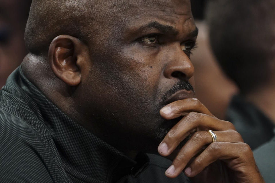 Atlanta Hawks head coach Nate McMillan looks on from the bench during the second half of an NBA basketball game against the Boston Celtics Wednesday, Nov. 16, 2022 in Atlanta. (AP Photo/John Bazemore)