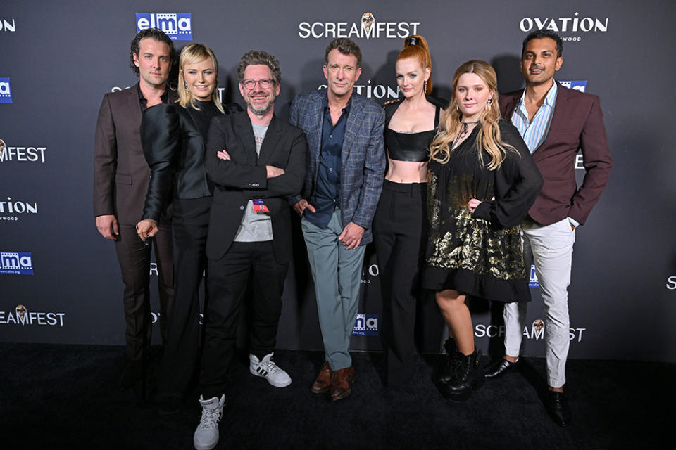 Jack Donnelly, Malin Akerman, K. Asher Levin, Thomas Jane, Lydia Hearst, Abigail Breslin and Ash T attend Screamfest LA World Premiere of The Avenue's "Slayers" at TCL Chinese 6 Theatres on October 14, 2022 in Hollywood, California.