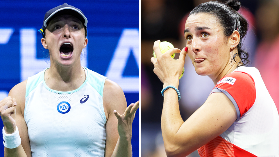 Ons Jabeur (pictured right) celebrating her win and Iga Swiatek (pictured left) roaring after her semi-final US Open win.