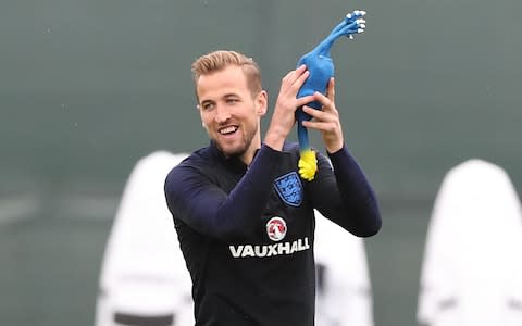 England's Harry Kane plays with a rubber chicken during the training session at the Spartak Zelenogorsk Stadium - Credit: PA