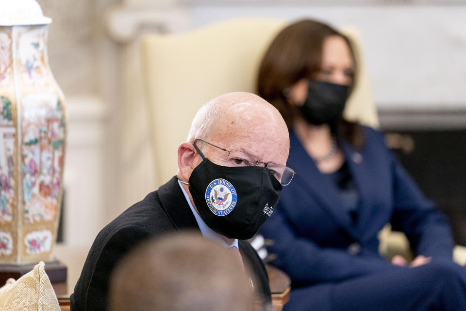 House Transportation and Infrastructure Committee Chairman Rep. Peter DeFazio, D-Ore., and other members of the House of Representatives meet with President Joe Biden, Vice President Kamala Harris, pictured at right, and Transportation Secretary Pete Buttigieg, in the Oval Office of the White House in Washington, Thursday, March 4, 2021, on infrastructure. (AP Photo/Andrew Harnik)