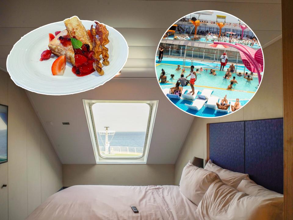 Cruise cabin with pool and food photos overlaid