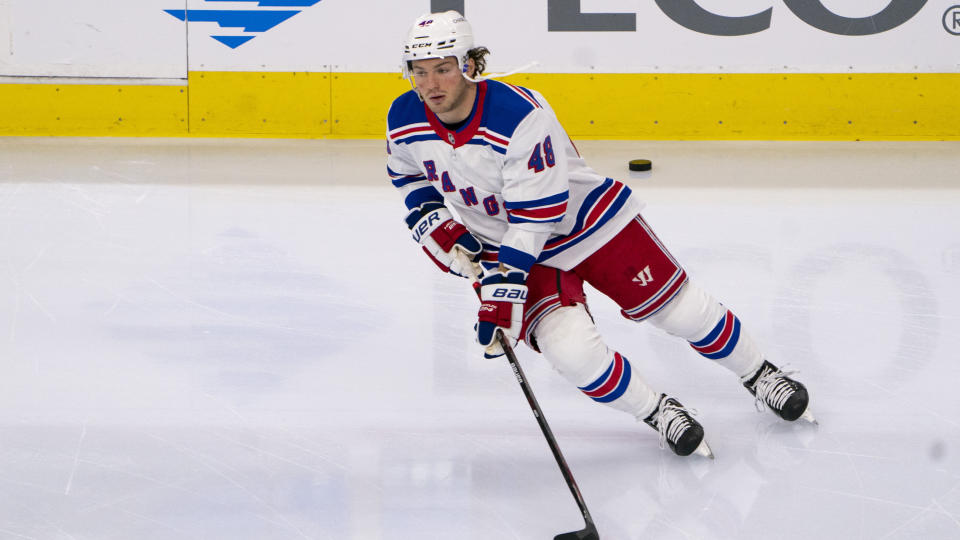 PHILADELPHIA, PA - MARCH 27: New York Rangers Left Wing Brendan Lemieux (48) warms up prior to the National Hockey League game between the New York Rangers and the Philadelphia Flyers on March 27, 2021, at the Wells Fargo Center in Philadelphia, PA. (Photo by Gregory Fisher/Icon Sportswire via Getty Images)