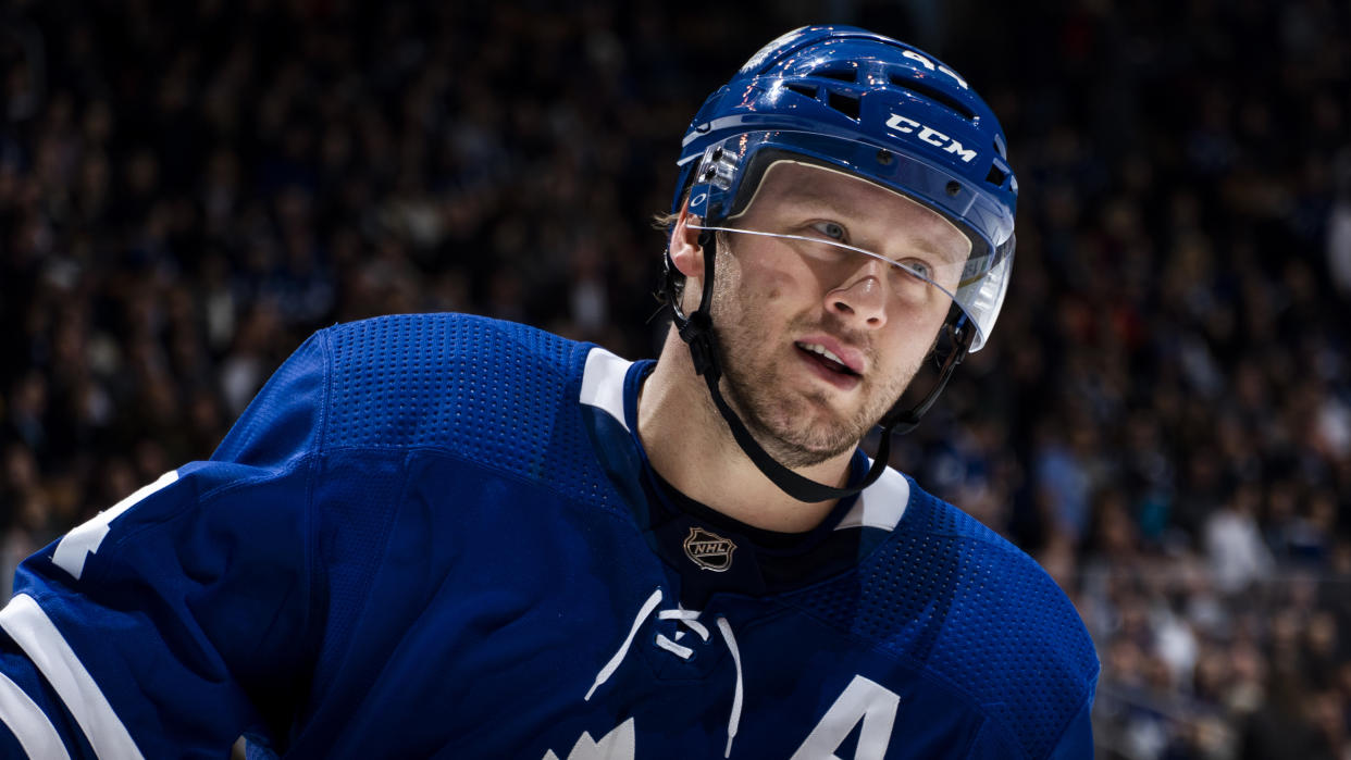 TORONTO, ON - MARCH 10: Morgan Rielly #44 of the Toronto Maple Leafs skates after a whistle during the second period against the Tampa Bay Lightning at the Scotiabank Arena on March 10, 2020 in Toronto, Ontario, Canada. (Photo by Kevin Sousa/NHLI via Getty Images)