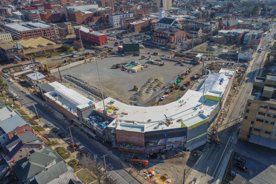 A Feb. 26, 2024, photo taken with a drone of Meritus Park under construction in downtown Hagerstown. Summit Avenue is toward the lower left.