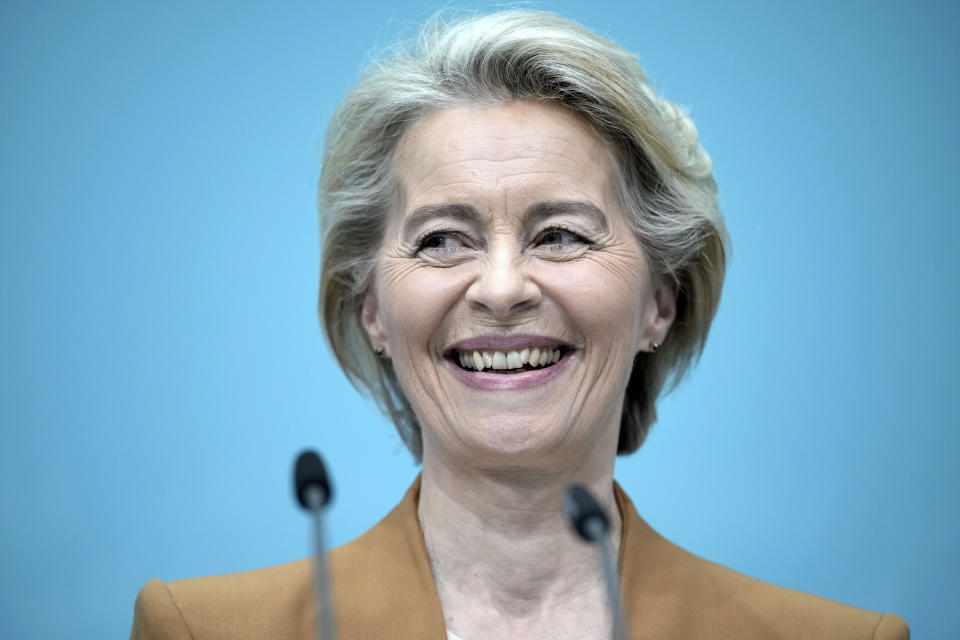 Ursula von der Leyen, President of the European Commission, smiles during a press conference after a board meeting of the Christian Democratic Union (CDU) in Berlin, Germany, Monday, Feb. 19, 2024. (AP Photo/Markus Schreiber)