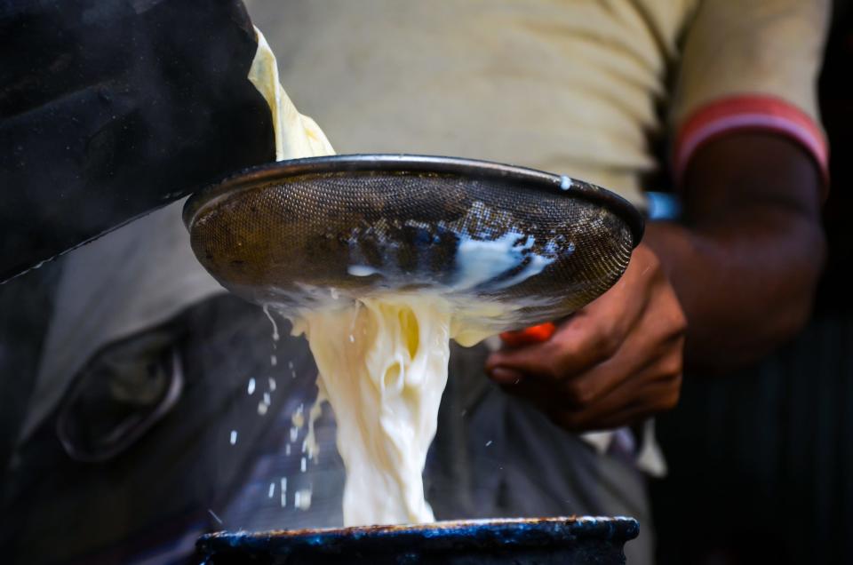 Raw milk pouring from the pot to milk strainer filter and flowing in to the milk boiling pan or pot.