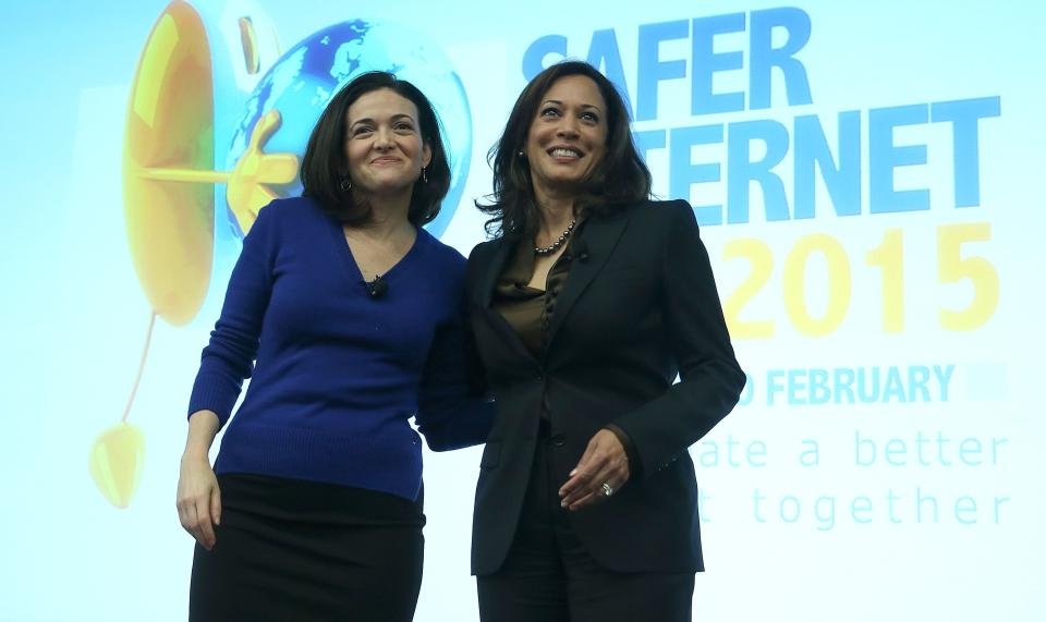 Kamala Harris on stage at Facebook HQ with Sheryl Sandberg on Feb. 10, 2015. (Photo: Justin Sullivan via Getty Images)