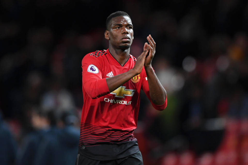 Paul Pogba applauds fans after Manchester United's defeat to Manchester City. (Credit: Getty Images)