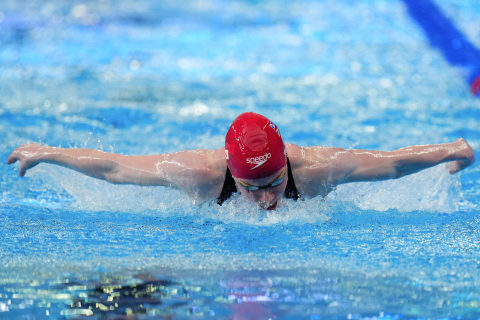 Laura Stephens of Britain competes in the women's 200-meter butterfly final at the World Aquatics Championships in Doha, Qatar, Thursday, Feb. 15, 2024. (AP Photo/Hassan Ammar)