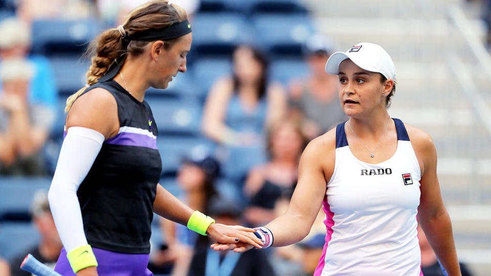 Ashleigh Barty and Victoria Azarenka, pictured here at the US Open.