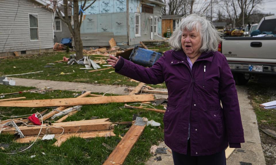 "I'm still in a daze," Carolyn Duncan, 81, said. Firefighters found her hunkered down in her bathroom after the tornado tore through her neighborhood. "I'm blessed, God was with me," Duncan said. Homes lay in ruins after a tornado ripped Central Indiana on Saturday, April 1, 2023 in Whiteland. 