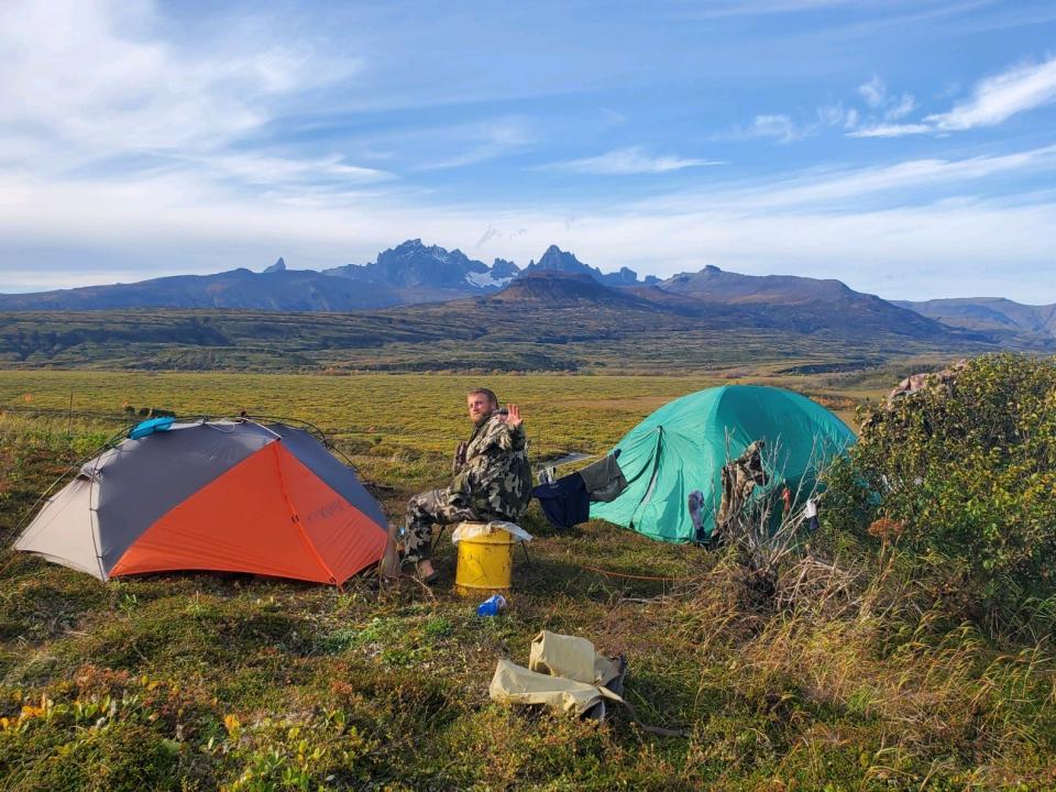 Casey West at camp in the wilds of Alaska during a temporary period of calm weather in September 2022.