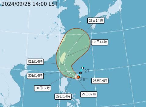 山陀兒14時的中心位置在北緯18.4度，東經125.3度。（圖／翻攝自氣象署）