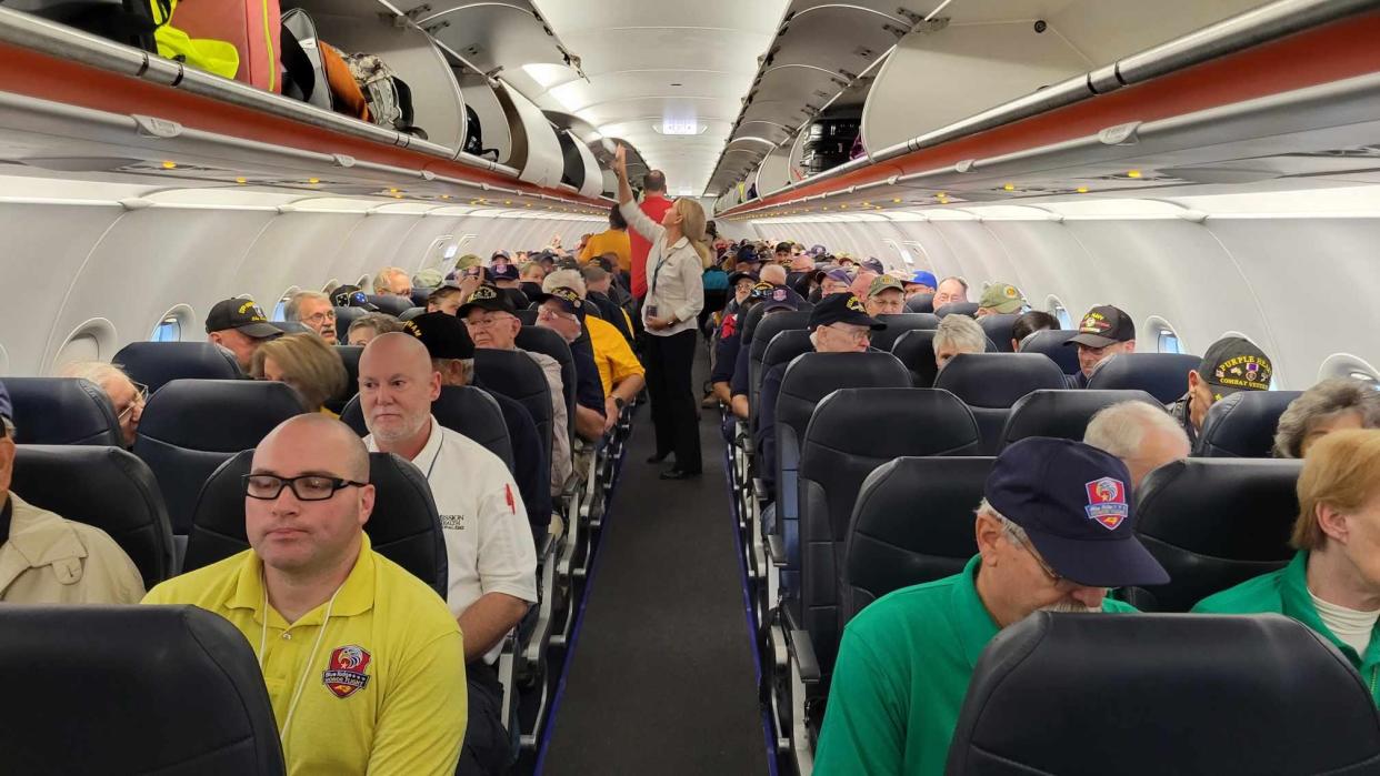 Veterans and guardians are on the plane at the Asheville Regional Airport for the Oct. 14, 2023, Blue Ridge Honor Flight to Washington, D.C.