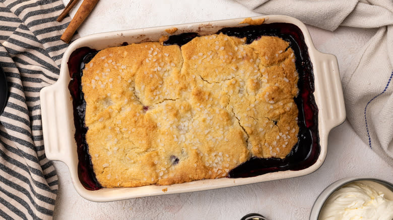 Cherry cobbler in baking dish