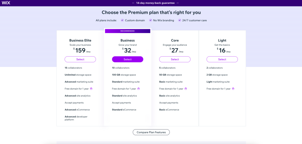 screenshot of wix pricing options