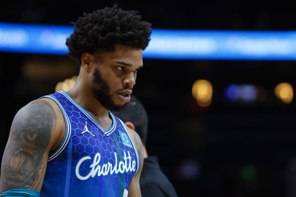 Miles Bridges #0 of the Charlotte Hornets reacts during the second half against the Atlanta Hawks at State Farm Arena on April 13, 2022 in Atlanta, Georgia. NOTE TO USER: User expressly acknowledges and agrees that, by downloading and or using this photograph, User is consenting to the terms and conditions of the Getty Images License Agreement. (Photo by Todd Kirkland/Getty Images)