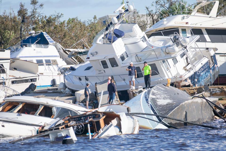 The remains of boats in the Caloosahatchee River after Hurricane Ian in 2022.