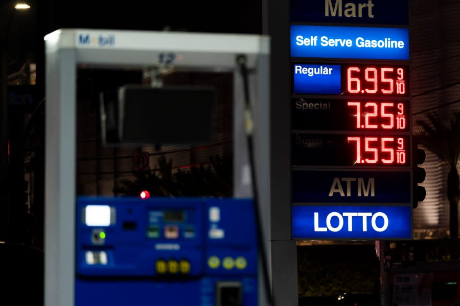 FILE – Prices are displayed at a Mobil gas station in West Hollywood, Calif., on March 8, 2022. The California Assembly on Monday, March 27, 2023, approved a bill that would let the California Energy Commission decide whether to penalize oil companies for price gouging. (AP Photo/Jae C. Hong, File)