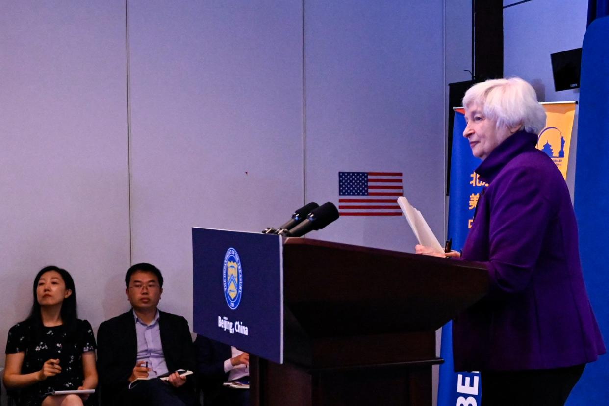 US treasury secretary Janet Yellen attends a press conference at the Beijing American Center of the US Embassy in Beijing on 9 July 2023 (AFP via Getty Images)
