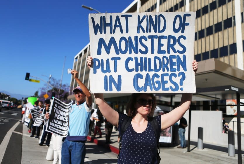 LOS ANGELES, CA - JUNE 18: Protestors demonstrate against the separation of migrant children from their families in front of the Federal Building on June 18, 2018 in Los Angeles, California. U.S. Immigration and Customs Enforcement arrested 162 undocumented immigrants last week during a three-day operation in Los Angeles and surrounding areas. (Photo by Mario Tama/Getty Images) ** OUTS - ELSENT, FPG, CM - OUTS * NM, PH, VA if sourced by CT, LA or MoD **